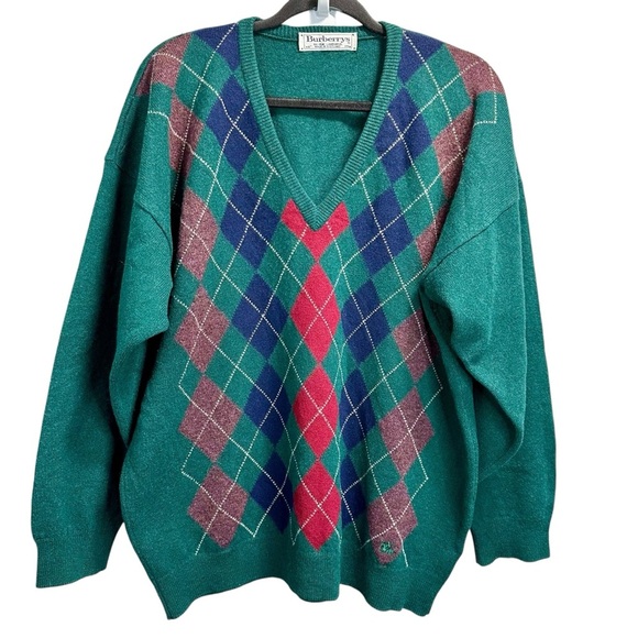 Vintage Burberrys 1990s Lambswool Argyle V Neck Sweater - Picture 2 of 5
